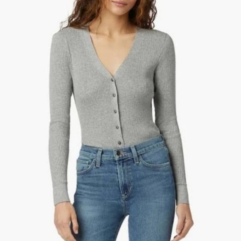 Favorite Daughter Ribbed V-Neck Cardigan in Light Gray
